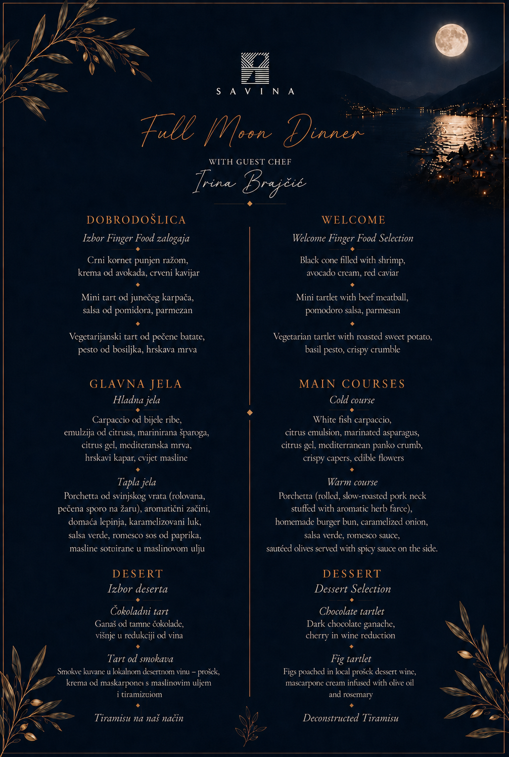 Full Moon Dinner menu - welcome, main courses and dessert by guest chef Irina Brajčić