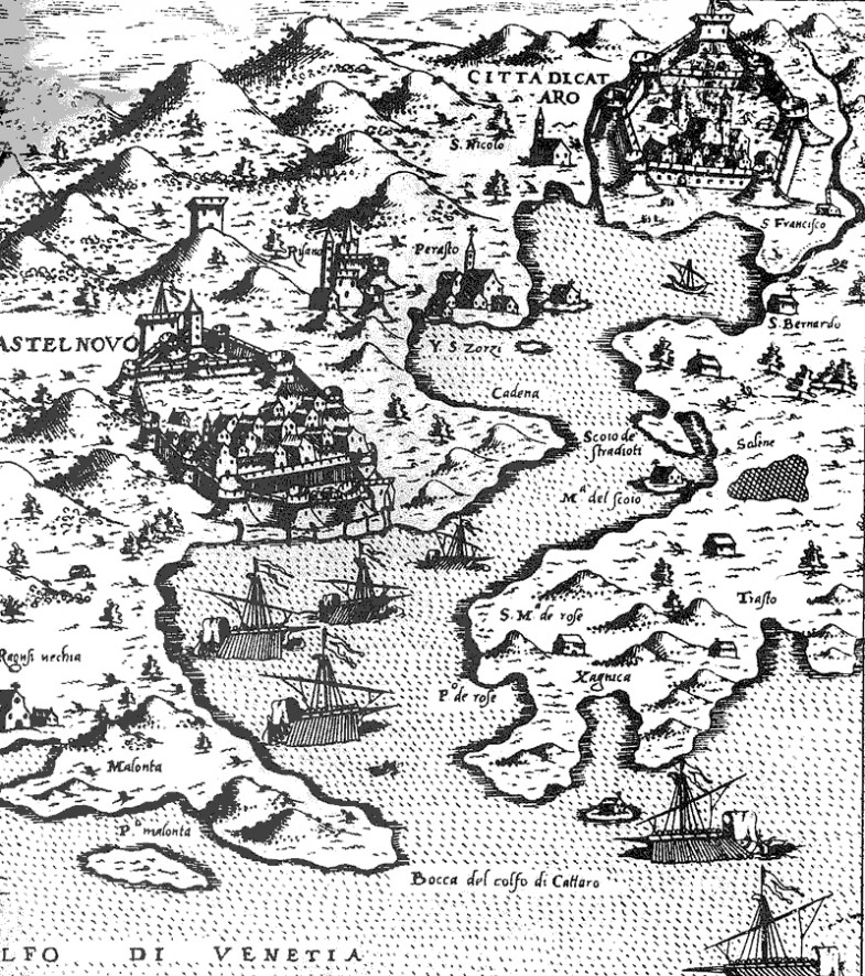 Historical map of the Bay of Kotor showing Castel Novo - present-day Herceg Novi - at the entrance to the gulf
