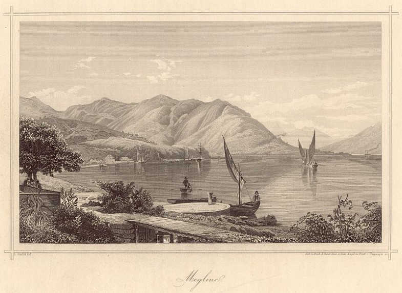 19th-century engraving of Megline - Meljine - on the Bay of Kotor